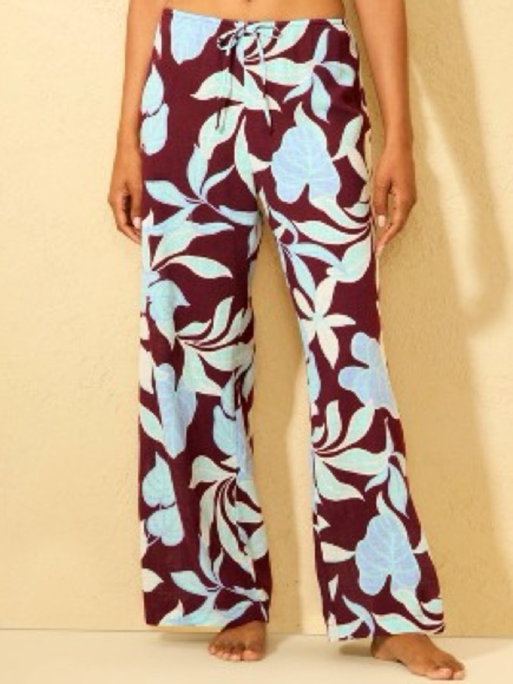 Shade & Shore Burgundy Floral Wide Leg Drawstring Pants